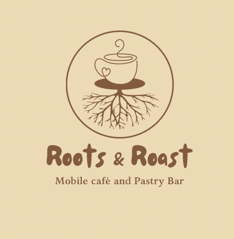 Roots & Roast logo: a steaming cup with roots growing beneath it